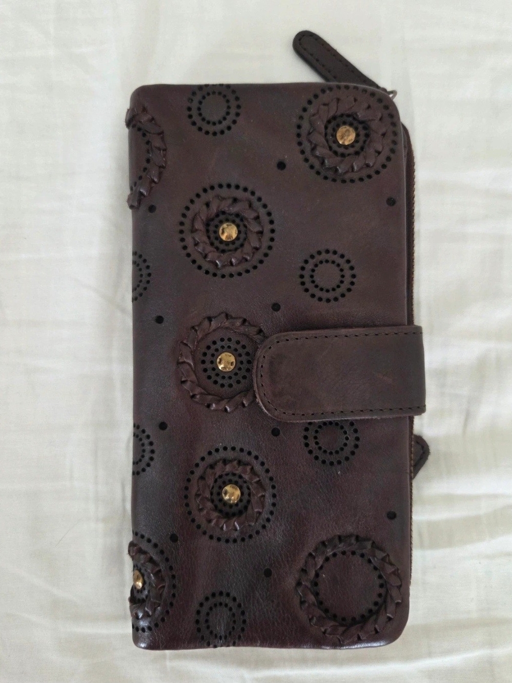 Women’s Brown Leather Zip Wallet with Decorative Studs